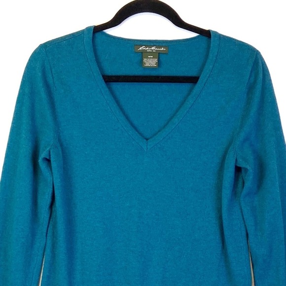 Eddie Bauer Womens V-Neck Sweater Long Sleeve Wool Blend Preppy Blue Teal Medium - Picture 2 of 6